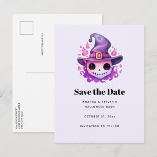 Postal De Anuncios Calavera en un sombrero de bruja caprichoso Hallow