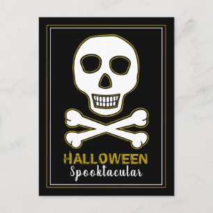 Postal De Anuncios Calavera y huesos, fiesta de halloween de oro invi