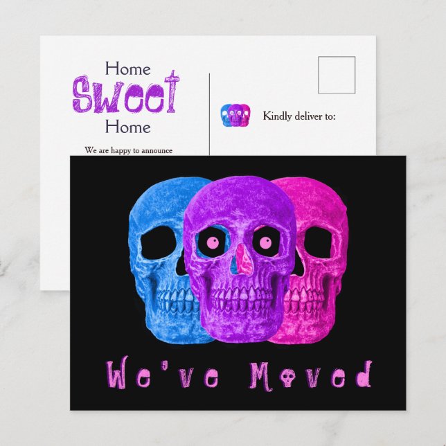 Postal De Anuncios Calaveras Divertidas Ojos Saltones Nueva Casa Muda (Anverso / Reverso)