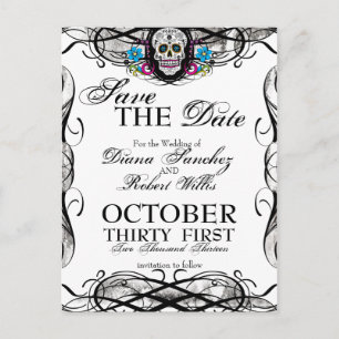 Postal De Anuncios Calaveras Sugar Skull & Flores Save the Date