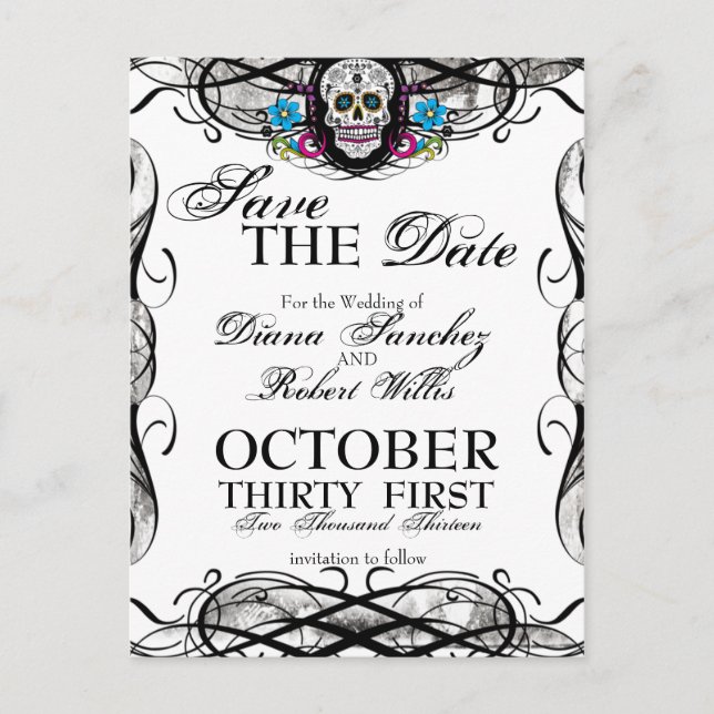 Postal De Anuncios Calaveras Sugar Skull & Flores Save the Date (Anverso)
