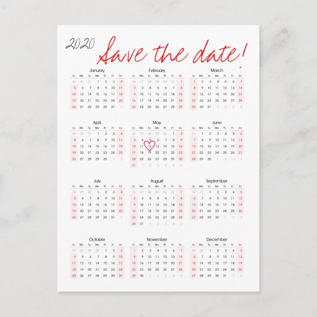 Postal De Anuncios Calendario 2020 Guarda la Fecha Corazón (Anverso)