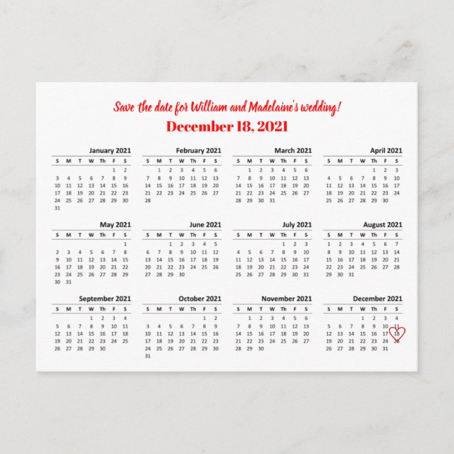 Postal De Anuncios Calendario 2021 Guarda la Fecha Corazón (Anverso)