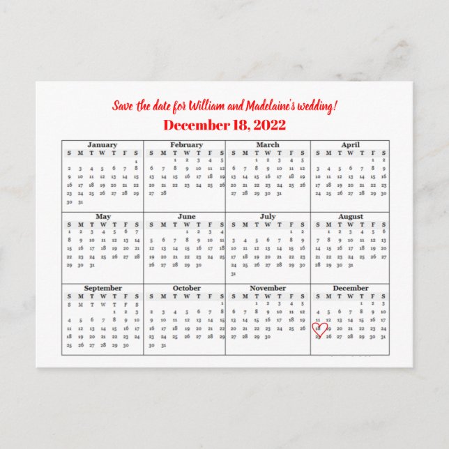 Postal De Anuncios Calendario 2022 Guarda la Fecha Corazón (Anverso)
