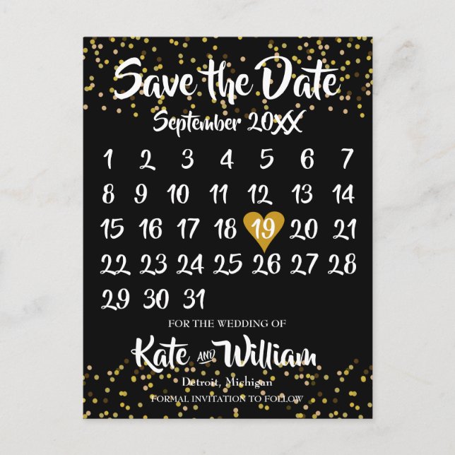 Postal De Anuncios Calendario Corazón de Amor Dorado Save the Date (Anverso)