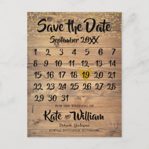 Postal De Anuncios Calendario Corazón de Amor en Madera Rústica Dorad
