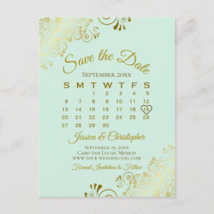 Postal De Anuncios Calendario de Ahorro de Boda Verde Menta y Dorado