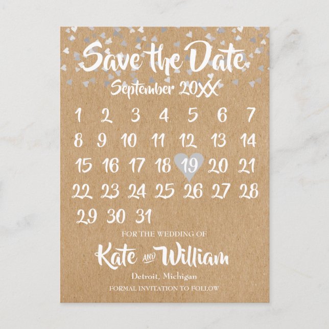 Postal De Anuncios Calendario de amor de plata rústica salva la fecha (Anverso)