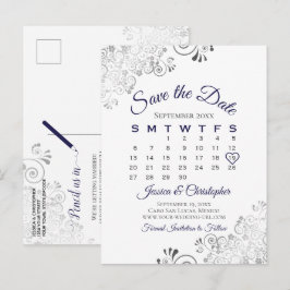Postal De Anuncios Calendario de boda azul marino sobre blanco para g