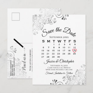 Postal De Anuncios Calendario de boda de encaje en blanco y negro par
