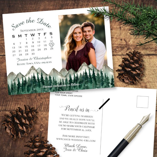 Postal De Anuncios Calendario de Boda de Mountain & Pine Foto Guardar (Front/Back)