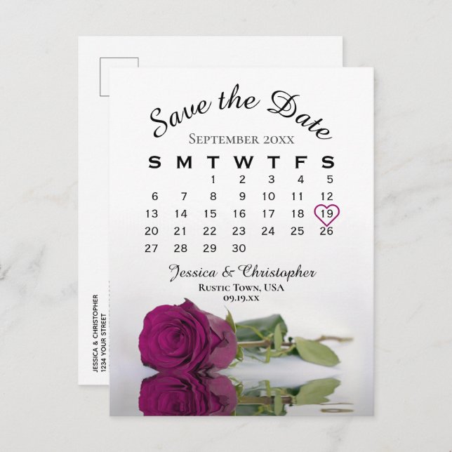 Postal De Anuncios Calendario de Boda de Pluma magenta Guardar fecha (Anverso / Reverso)