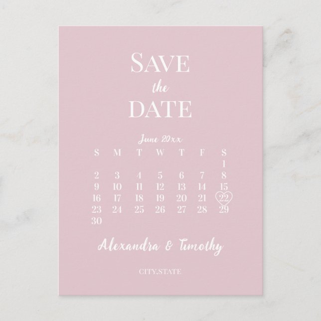 Postal De Anuncios Calendario de boda de rosa champán moderno minimal (Anverso)