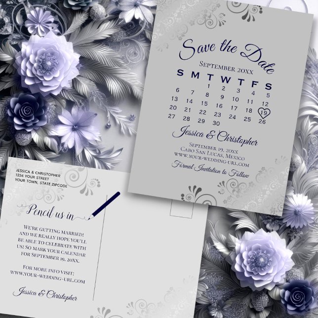 Postal De Anuncios Calendario de boda gris plateado y azul marino par (Front/Back)