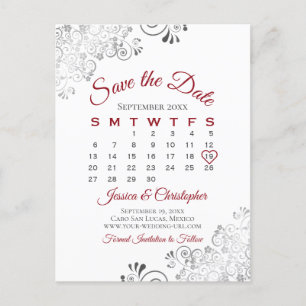 Postal De Anuncios Calendario de boda rojo, gris y blanco para guarda