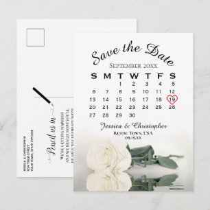 Postal De Anuncios Calendario de Boda Rosa Blanca Elegante - Reserva