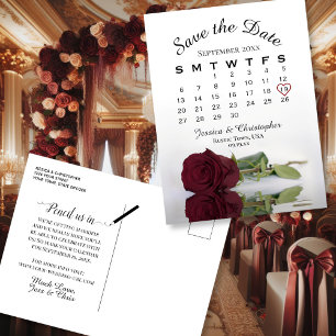 Postal De Anuncios Calendario de Boda Rosa Borgoña Reserva la Fecha