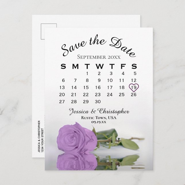 Postal De Anuncios Calendario de Boda Rosa Púrpura Lila Guarde la Fec (Anverso / Reverso)