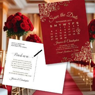 Postal De Anuncios Calendario de Bodas Elegante Rojo y Dorado para Gu