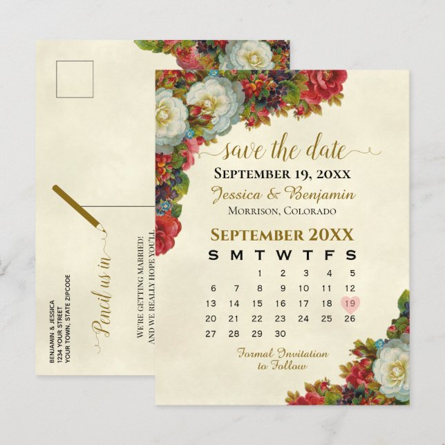Postal De Anuncios Calendario de Bodas Rosas Victorianas para Guardar (Anverso / Reverso)