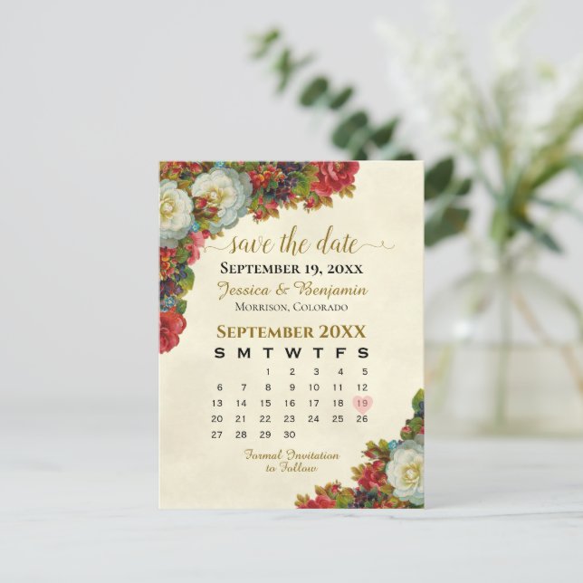 Postal De Anuncios Calendario de Bodas Rosas Victorianas para Guardar (Anverso de pie)