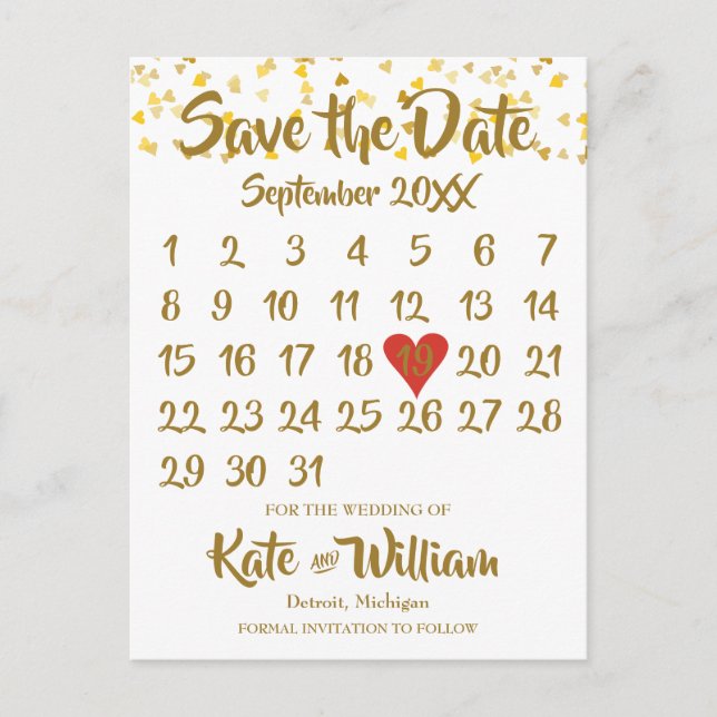 Postal De Anuncios Calendario de Confeti Love Hearts Save the Date (Anverso)