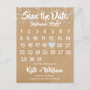 Postal De Anuncios Calendario de Corazón de Amor de Plata Rústico Guá