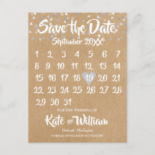 Postal De Anuncios Calendario de corazón de amor de plata rústico par