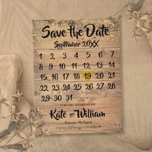 Postal De Anuncios Calendario de corazón de amor dorado de madera rús