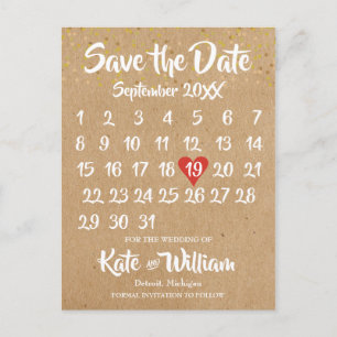 Postal De Anuncios Calendario de Corazón de Amor Rustic Kraft Save th