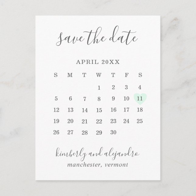 Postal De Anuncios Calendario de Corazón Verde Pastel Moderno Guardar (Anverso)
