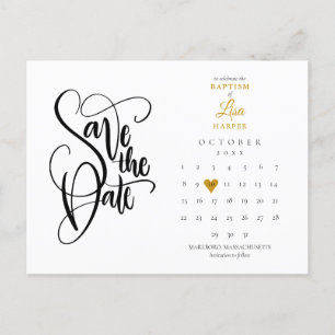 Postal De Anuncios Calendario de fecha de bautizo con corazón dorado