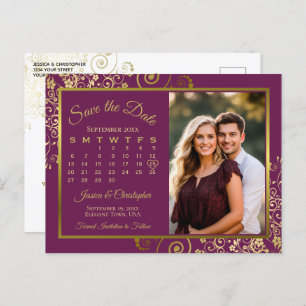 Postal De Anuncios Calendario de Fecha de Boda de Plum Gold Magenta p