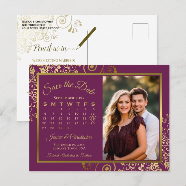 Postal De Anuncios Calendario de Fecha de Boda de Plum Gold Magenta p (Anverso / Reverso)