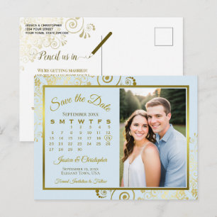 Postal De Anuncios Calendario de Fecha de Boda en Azul Claro y Dorado