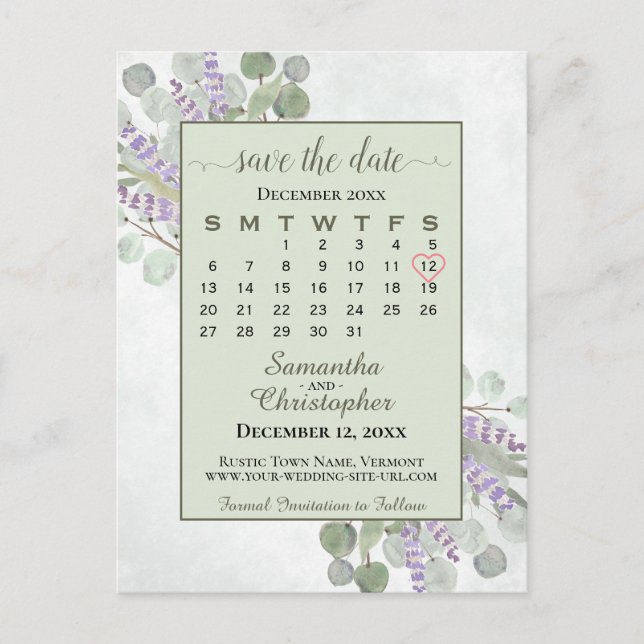Postal De Anuncios Calendario de Fecha de Boda para Guardar Eucalipto (Anverso)