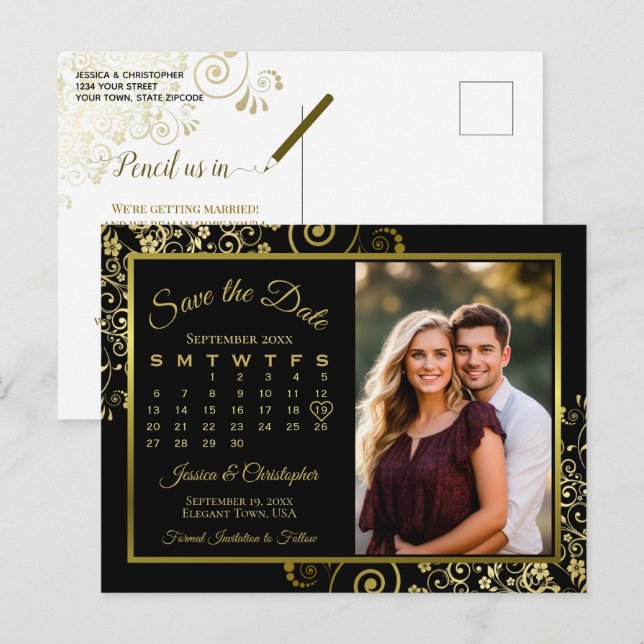 Postal De Anuncios Calendario de Foto de Boda Black & Gold para Guard (Anverso / Reverso)
