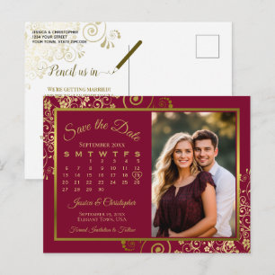 Postal De Anuncios Calendario de Foto de Boda de Borgoña y Dorado par
