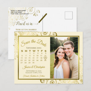 Postal De Anuncios Calendario de Foto de Boda en Oro y Crema para Gua
