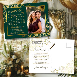 Postal De Anuncios Calendario de Foto de Boda Esmeralda y Dorado para