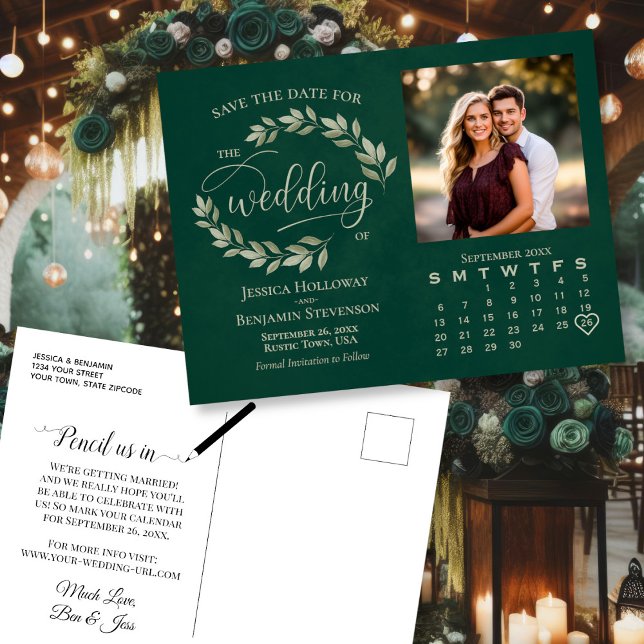 Postal De Anuncios Calendario de Fotos de Hojas Esmeralda de Boda Gua (Front/Back)
