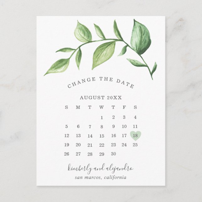Postal De Anuncios Calendario de Greenery Elegante Rústico Cambia la  (Anverso)