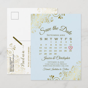 Postal De Anuncios Calendario de Guardar la Fecha de Boda Azul Claro