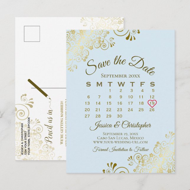 Postal De Anuncios Calendario de Guardar la Fecha de Boda Azul Claro  (Anverso / Reverso)
