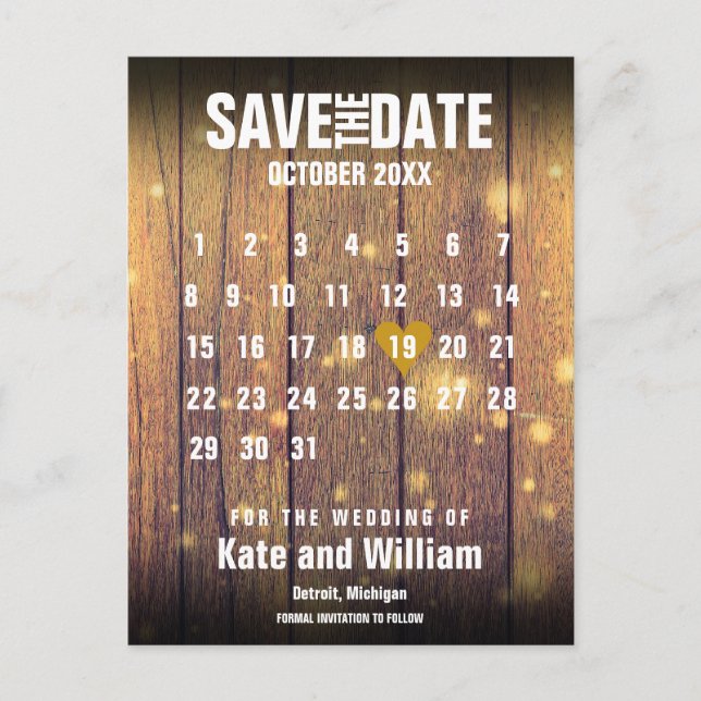 Postal De Anuncios Calendario de Madera Rústica Guarda la Fecha Coraz (Anverso)
