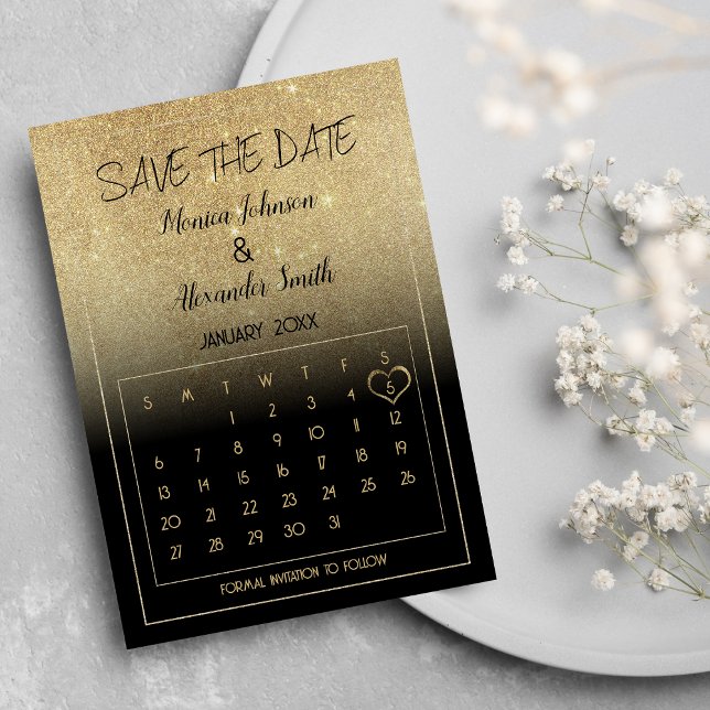 Postal De Anuncios Calendario de purpurina dorada negra de lujo para  (Luxury Black Gold Glitter Calendar Save the Date )