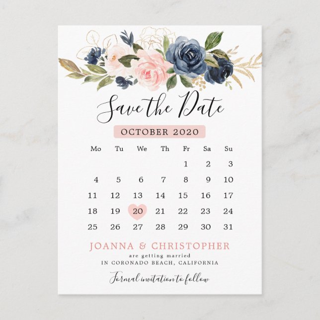 Postal De Anuncios Calendario de Rosa Rosa Azul Marino Ahorra la Fech (Anverso)