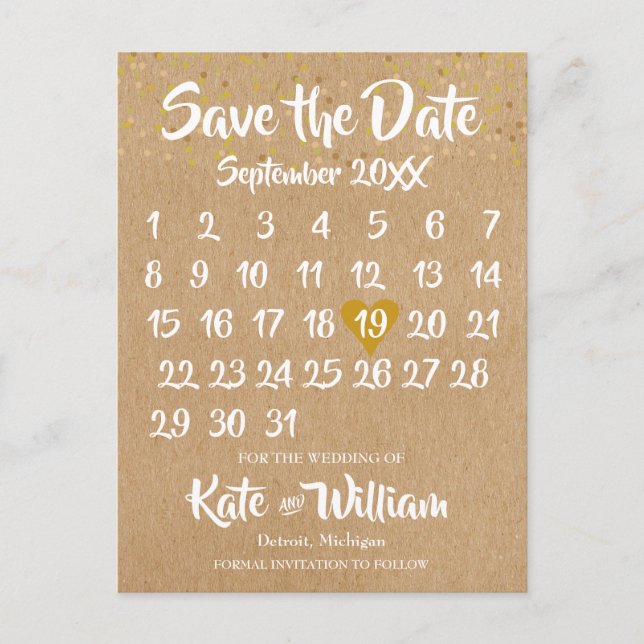 Postal De Anuncios Calendario del Corazón de Oro Rustic Kraft Save th (Anverso)