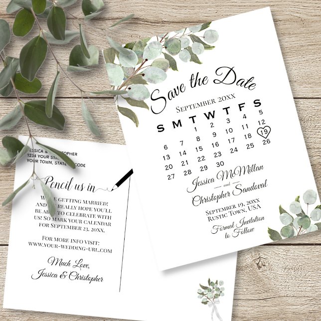 Postal De Anuncios Calendario Eucalyptus Boda blanca Guardar la fecha (Front and Back)