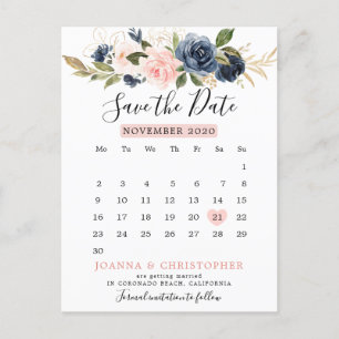 Postal De Anuncios Calendario floral azul marino Guardar fecha